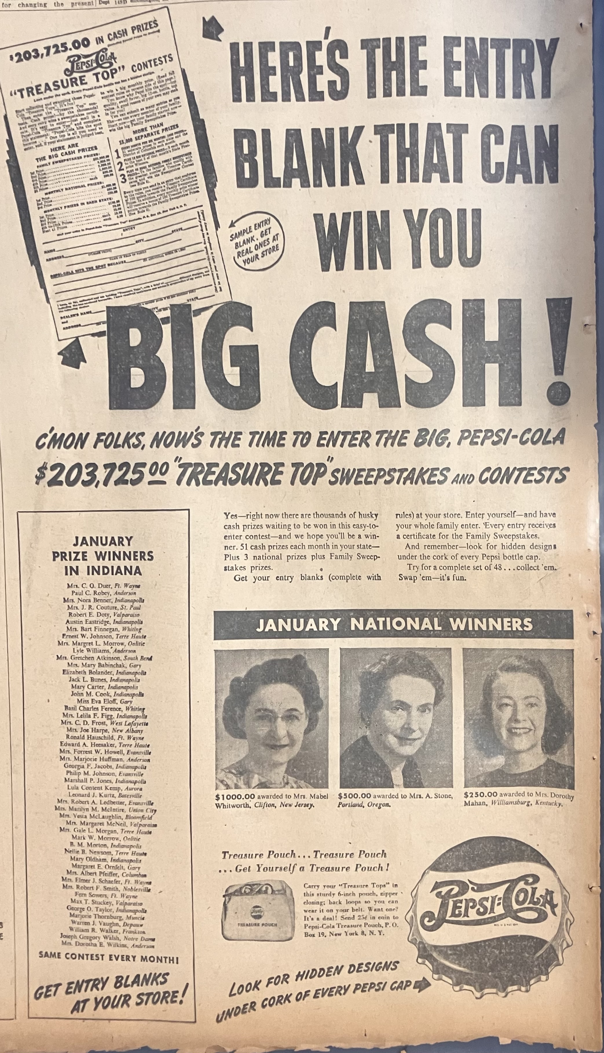 One page print add for Pepsi Treasure Tops contests