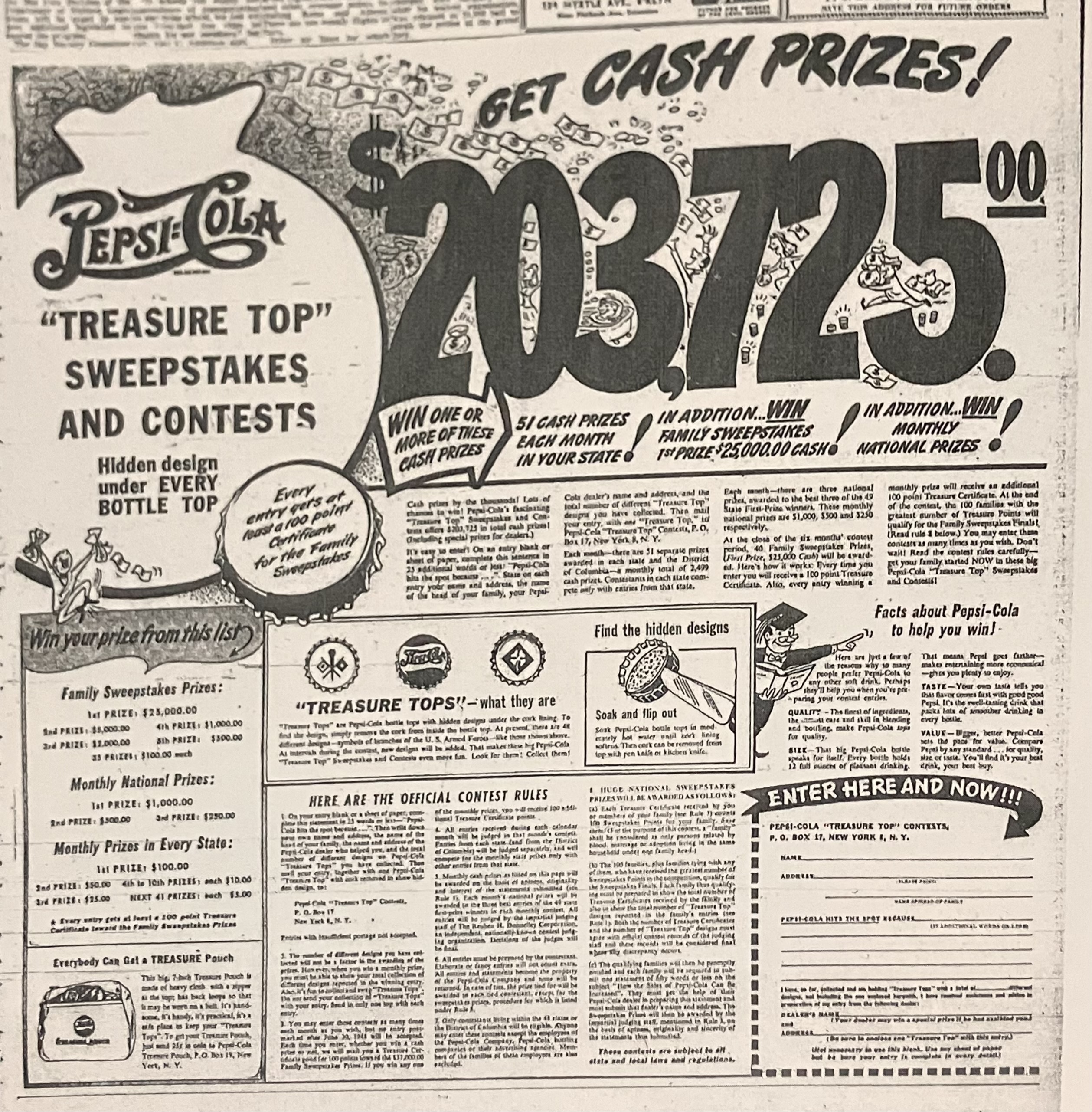One page print add for Pepsi Treasure Tops contests