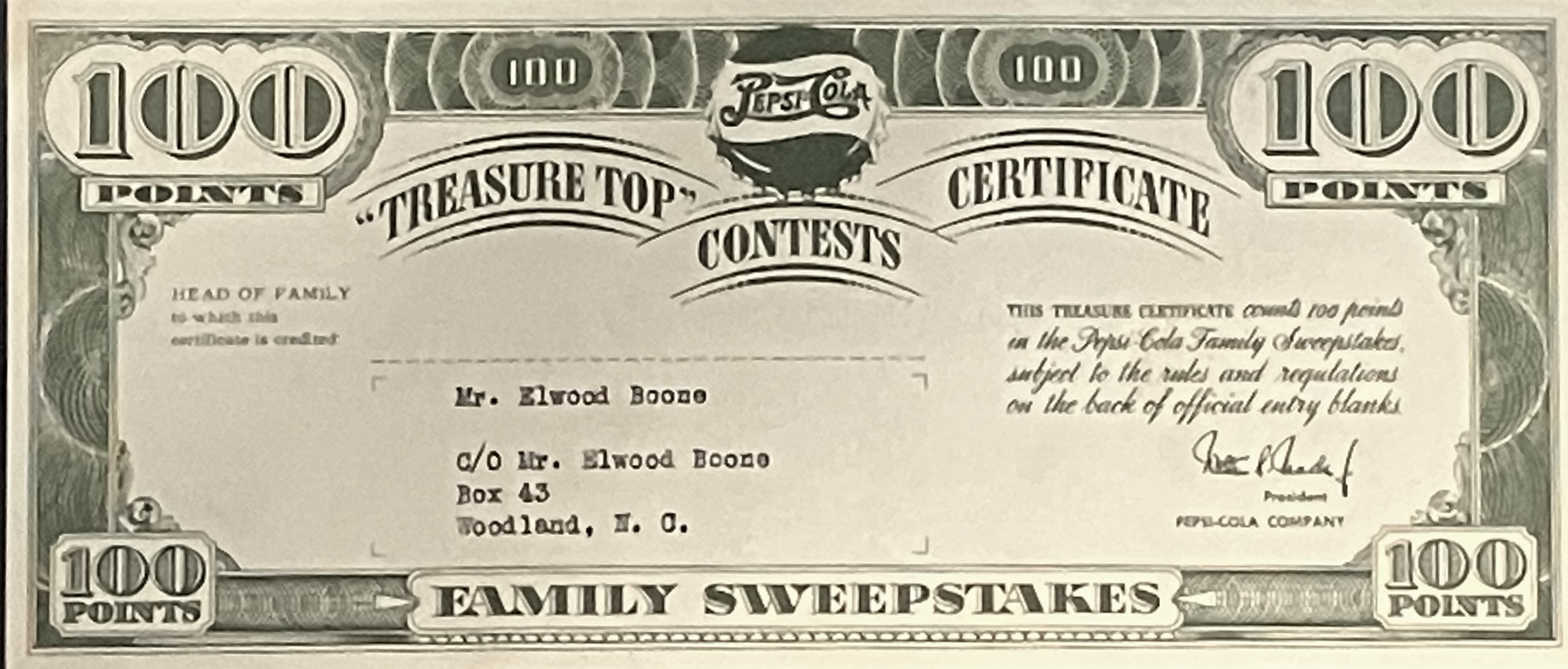 Front of Treasure Top certificate